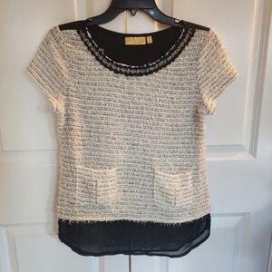 Vintage Princess Vera Wang artsy frey short sleeve chiffon fur blouse size small